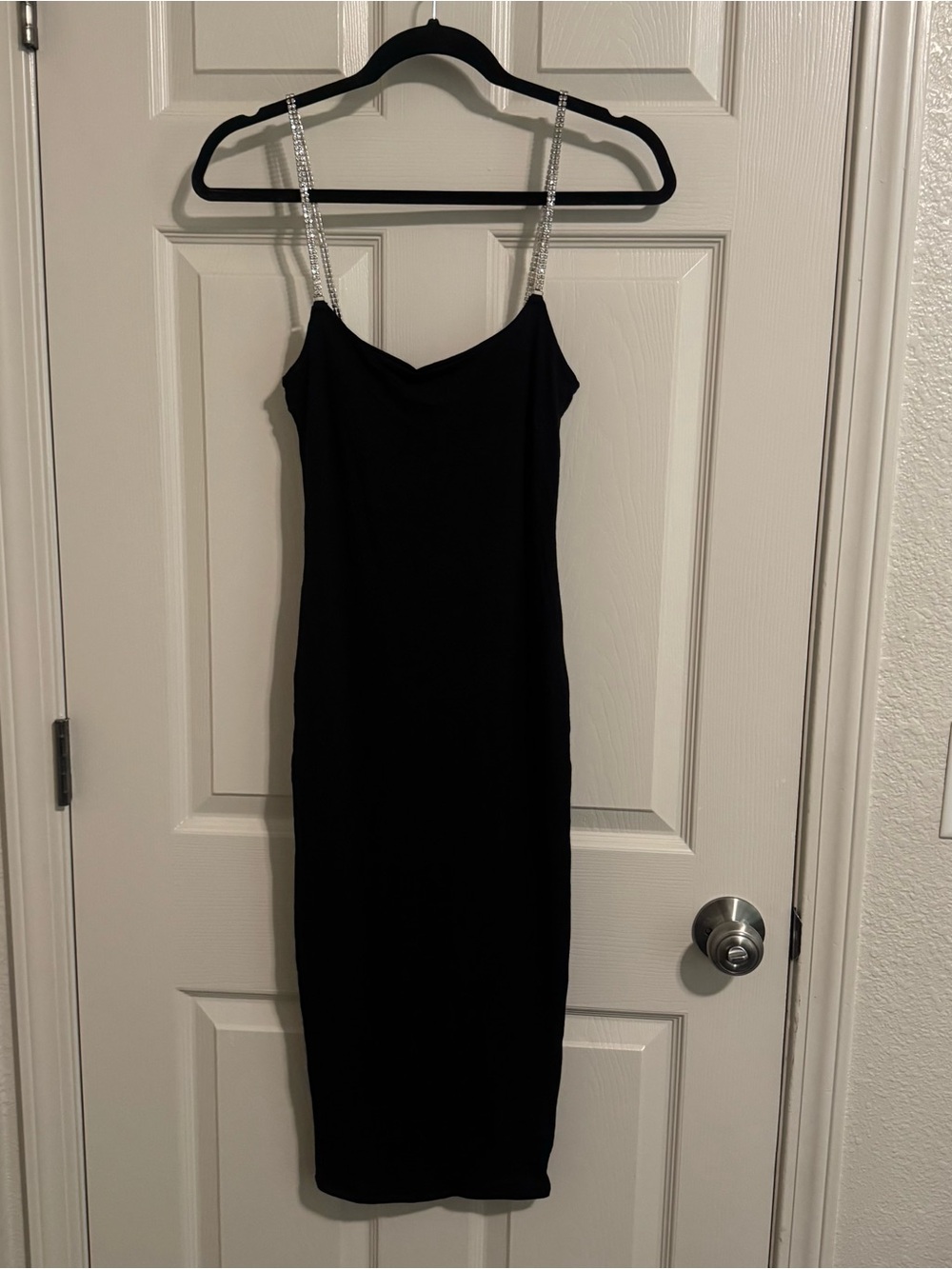 naked wardrobe Black Midi Dress with Crystal-Strap Detail